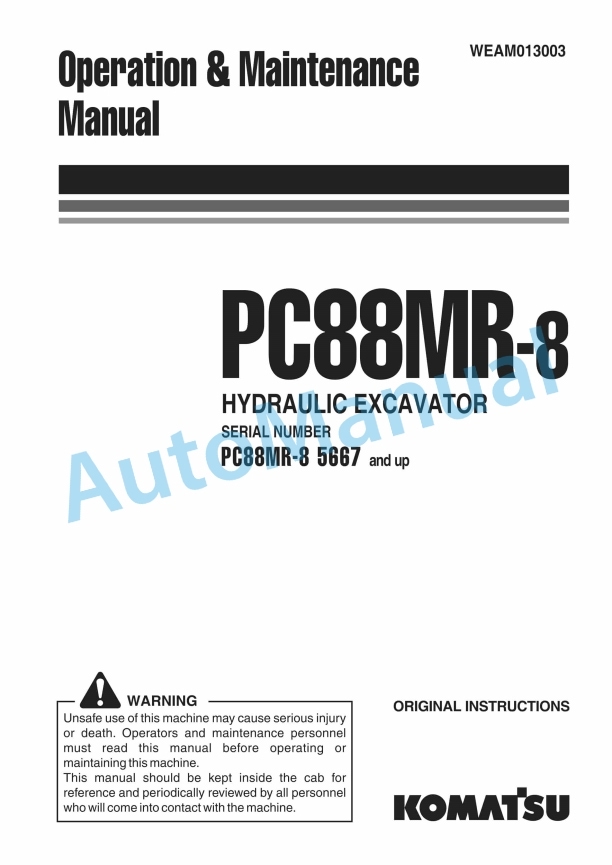 Komatsu PC88MR-8 Hydraulic Excavator Operation and Maintenance Manual WEAM013003