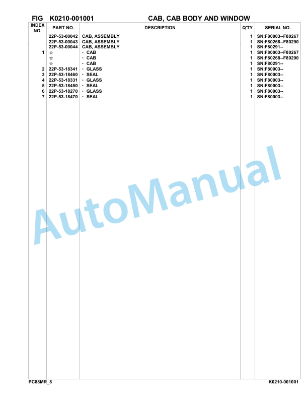 Komatsu PC88MR-8 Hydraulic Excavator Parts Manual F80003-UP-4