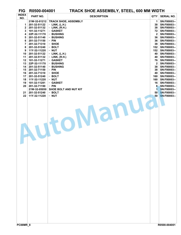 Komatsu PC88MR-8 Hydraulic Excavator Parts Manual F80003-UP-5
