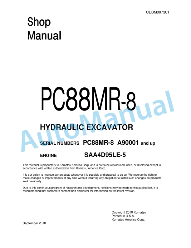 Komatsu PC88MR-8 Hydraulic Excavator Shop Manual CEBM007301