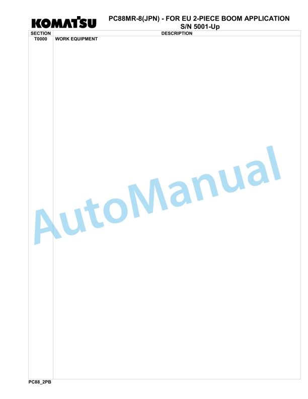 Komatsu PC88MR-8 JPN 2-Piece Boom Application Hydraulic Excavator Parts Manual 5001-UP