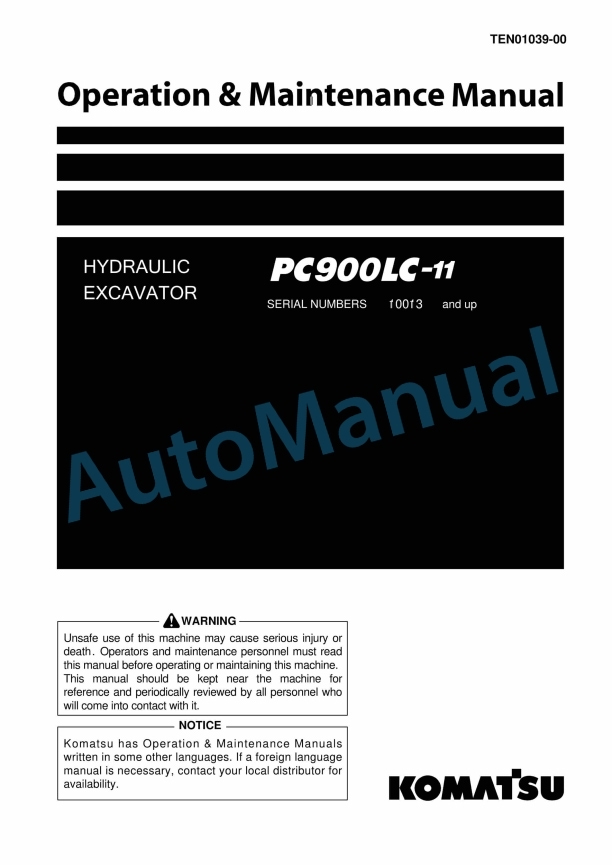 Komatsu PC900LC-11 Hydraulic Excavator Operation and Maintenance Manual TEN01039-00