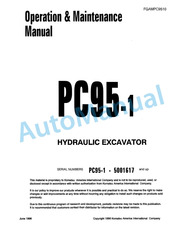 Komatsu PC95-1 Hydraulic Excavator Operation and Maintenance Manual FGADPC9510