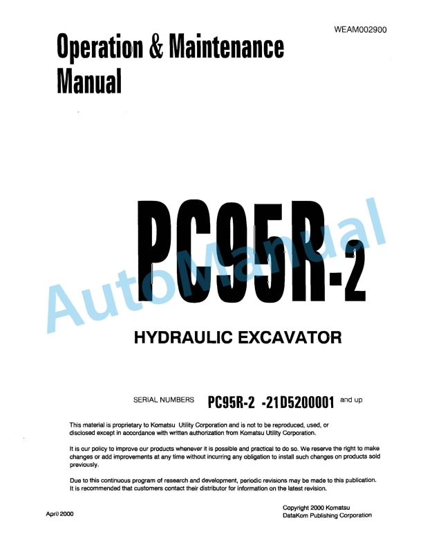 Komatsu PC95R-2 Hydraulic Excavator Operation and Maintenance Manual WEAM002900