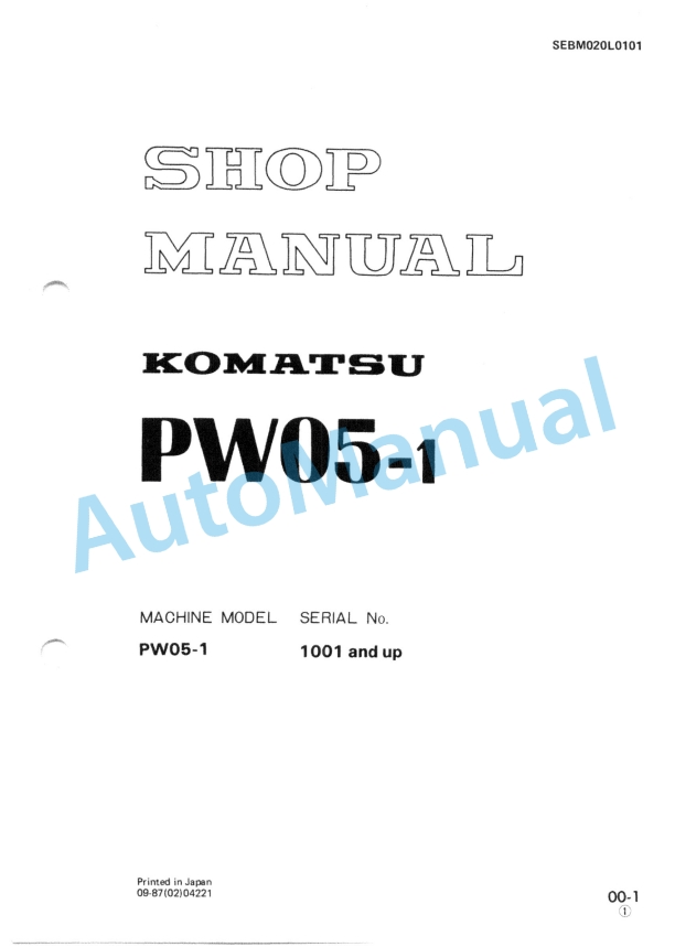 Komatsu PW05-1 Hydraulic Excavator Shop Manual SEBM020L0101