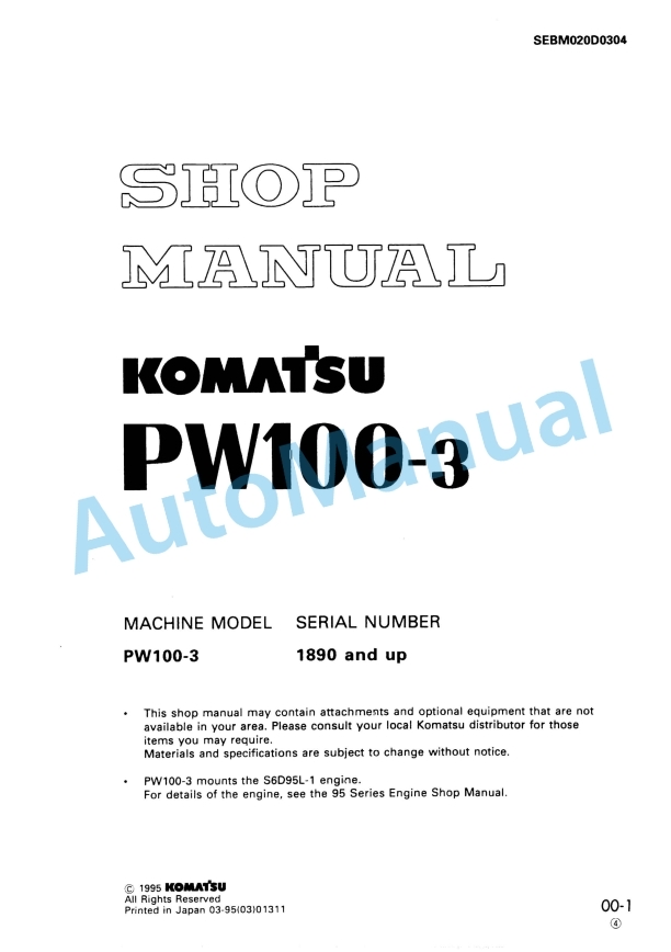Komatsu PW100-3 Hydraulic Excavator Shop Manual SEBM020D0304