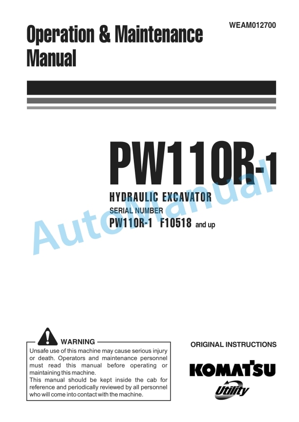 Komatsu PW110R-1 Wheeled Excavator Operation and Maintenance Manual WEAM012700