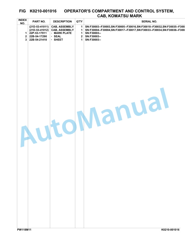 Komatsu PW118MR-11 Hydraulic Excavator Parts Manual F30003-UP-3