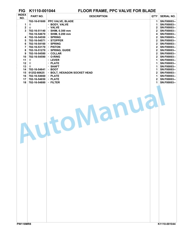 Komatsu PW118MR-8 Hydraulic Excavator Parts Manual F00003-UP-4