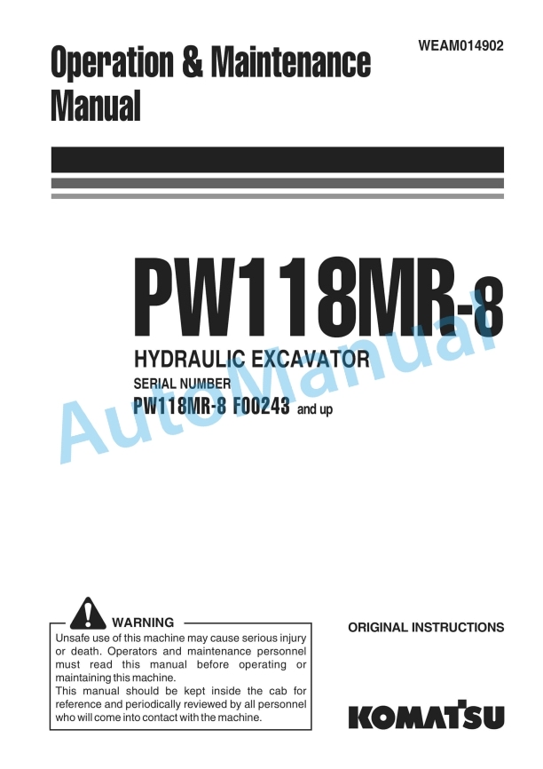 Komatsu PW118MR-8 Wheeled Excavator Operation and Maintenance Manual WEAM014902