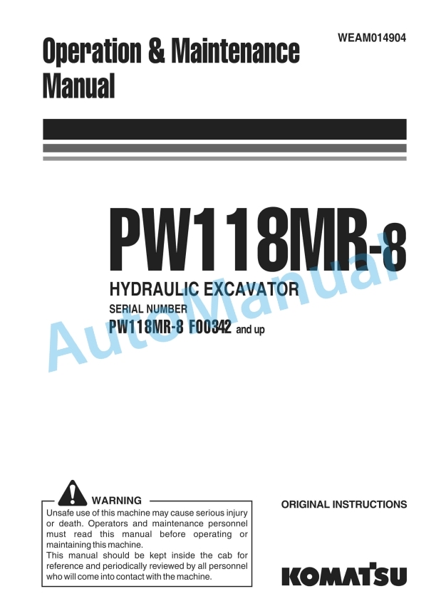 Komatsu PW118MR-8 Wheeled Excavator Operation and Maintenance Manual WEAM014904