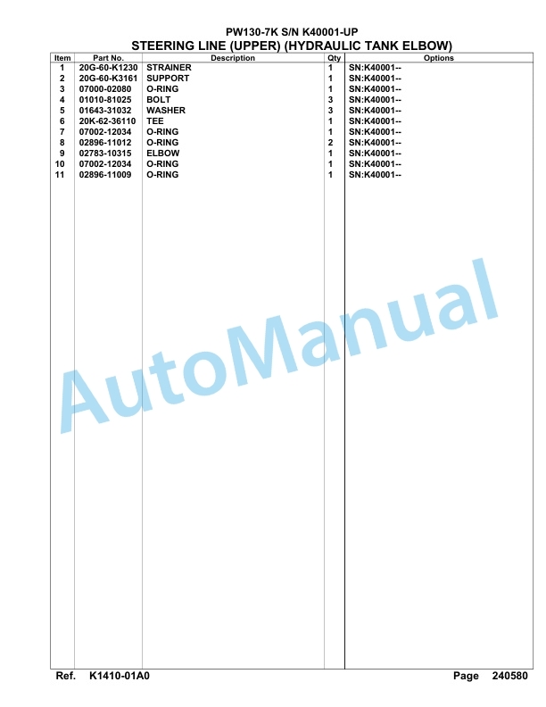 Komatsu PW130-7K Hydraulic Excavator Parts Manual SAA4D14U-3