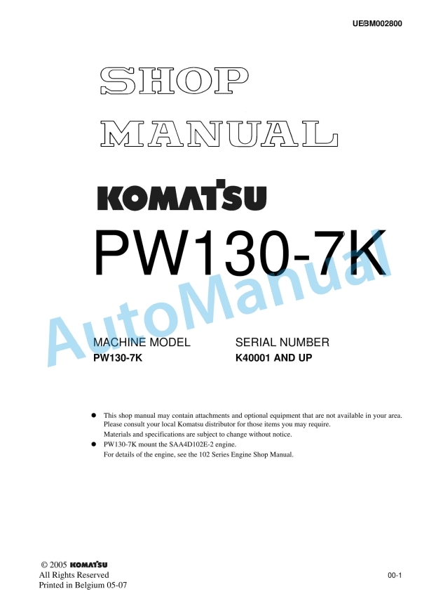 Komatsu PW130-7K Wheeled Excavator Shop Manual UEBM002800