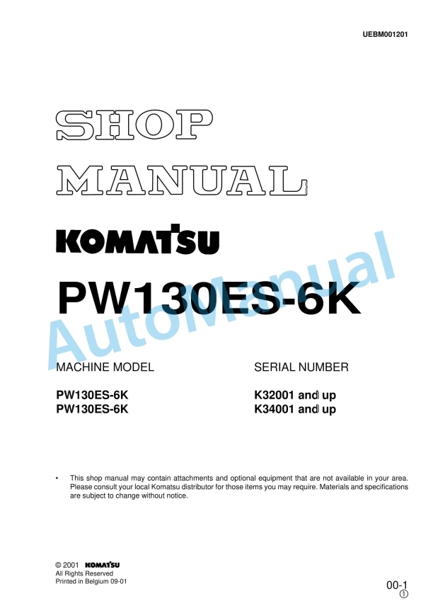 Komatsu PW130ES-6K Hydraulic Excavator Shop Manual UEBM001201