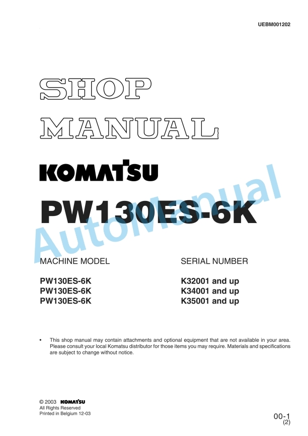 Komatsu PW130ES-6K Hydraulic Excavator Shop Manual UEBM001202