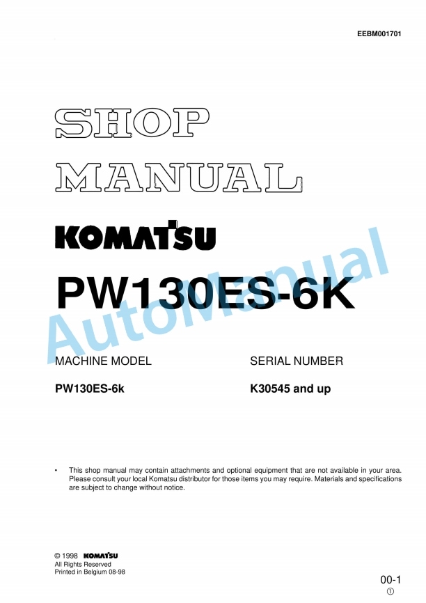 Komatsu PW130ES-6K Wheel Excavator Shop Manual EEBM001701