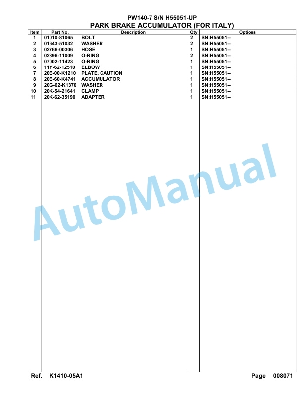 Komatsu PW140-7 Hydraulic Excavator Parts Manual SAA4D1CH-3