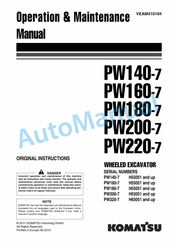 Komatsu PW140-7, PW160-7, PW180-7, PW200-7, PW220-7 Wheeled Excavator Operation and Maintenance Manual VEAM410104