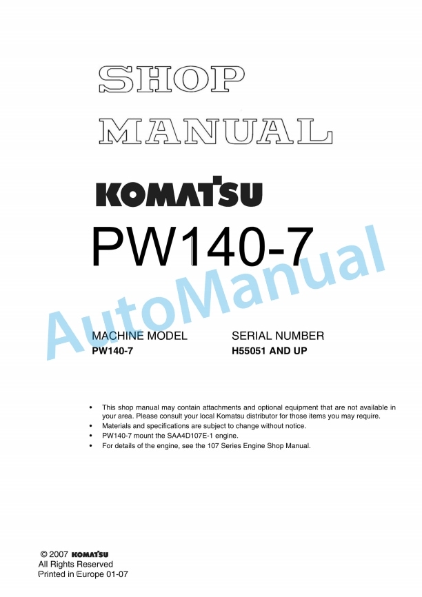 Komatsu PW140-7 Wheeled Excavator Shop Manual