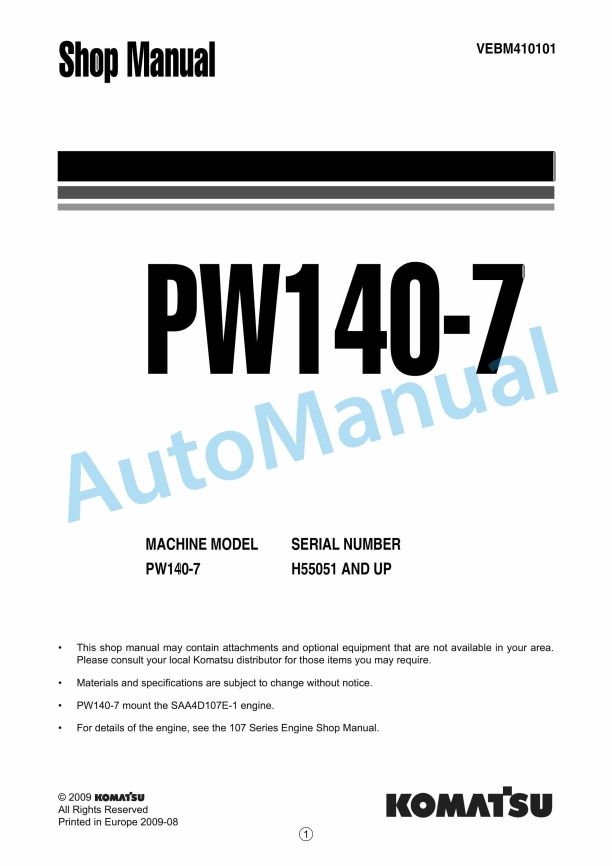 Komatsu PW140-7 Wheeled Excavator Shop Manual VEBM410101