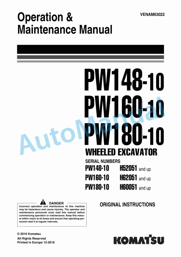 Komatsu PW148-10, PW160-10, PW180-10 Wheeled Excavator Operation and Maintenance Manual VENAM63022