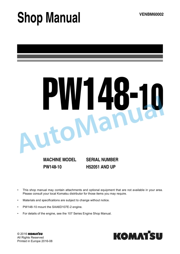 Komatsu PW148-10 Wheel Excavator Shop Manual VENBM60002