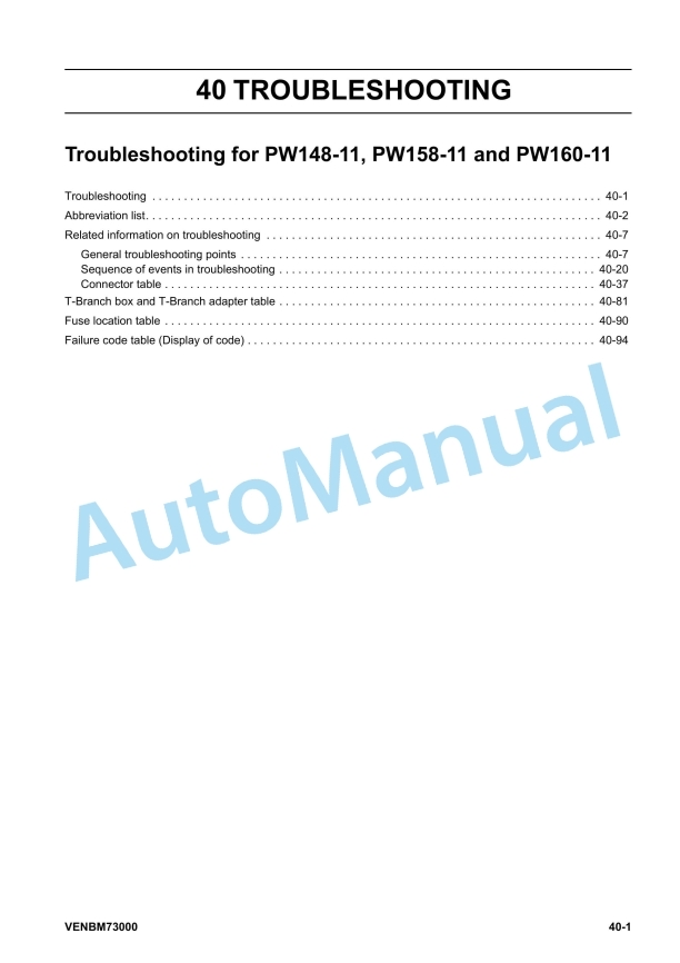 Komatsu PW148-11, PW158-11, PW160-11 Troubleshooting Manual VENBM73000