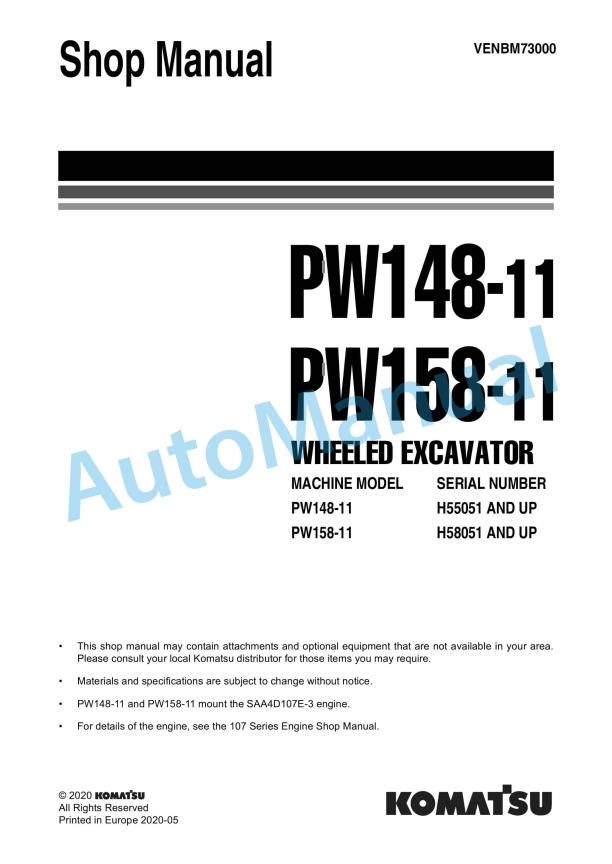 Komatsu PW148-11, PW158-11 Wheeled Excavator Shop Manual VENBM73000