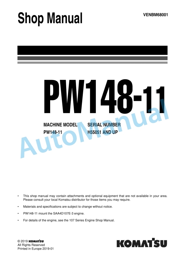 Komatsu PW148-11 Wheeled Excavator Shop Manual VENBM68001
