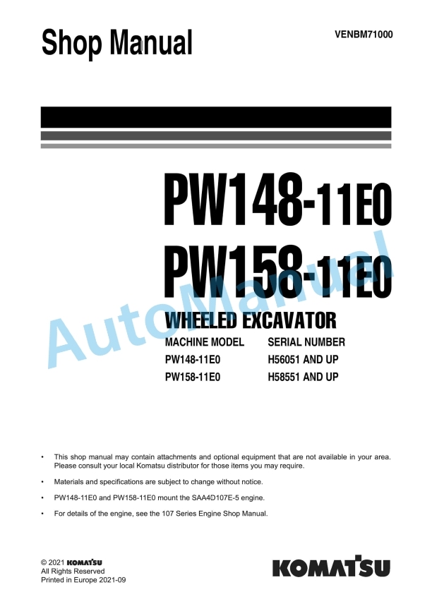 Komatsu PW148-11E0, PW158-11E0 Wheeled Excavator Shop Manual VENBM71000