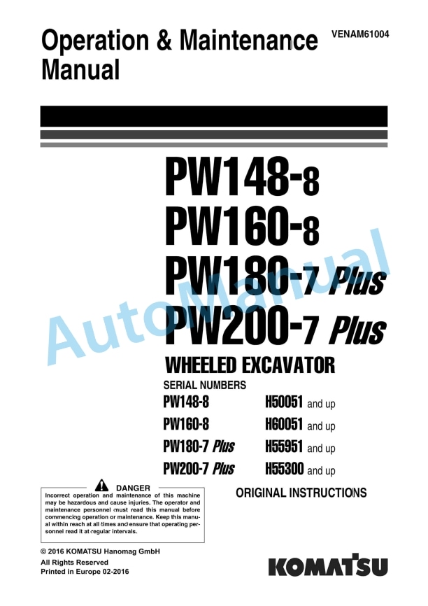 Komatsu PW148-8, PW160-8, PW180-7PL Plus, PW200-7PL Plus Wheeled Excavator Operation and Maintenance Manual VENAM61004