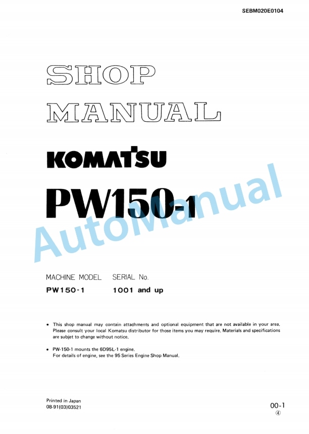 Komatsu PW150-1 Wheeled Excavator Shop Manual SEBM020E0104