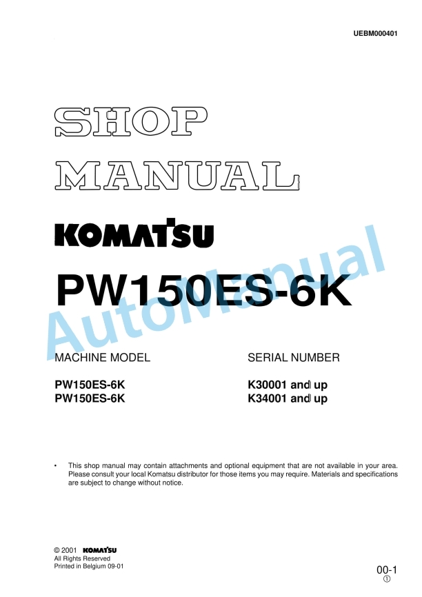 Komatsu PW150ES-6K Hydraulic Excavator Shop Manual UEBM000401