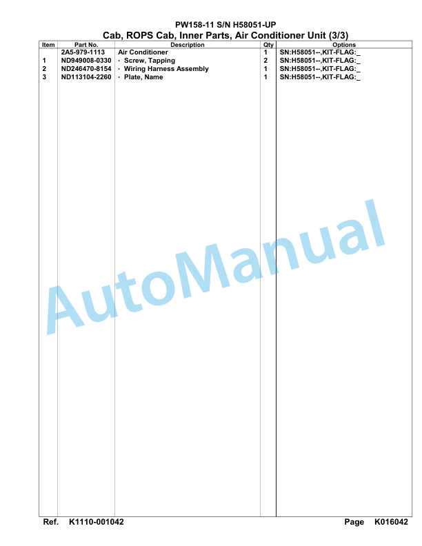 Komatsu PW158-11 Hydraulic Excavator Parts Manual PW00005H-3
