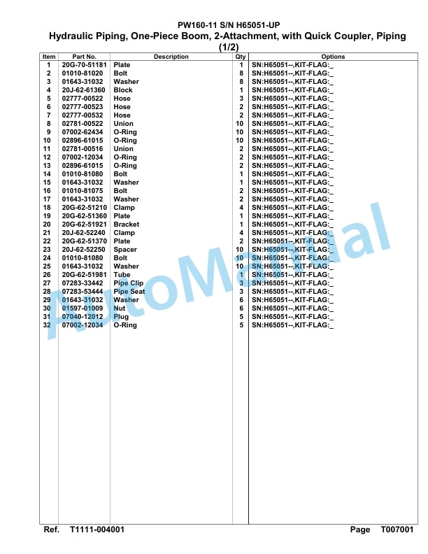 Komatsu PW160-11 Hydraulic Excavator Parts Manual PW00007H-5