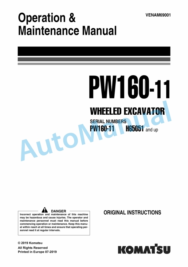 Komatsu PW160-11 Wheeled Excavator Operation and Maintenance Manual VENAM69001