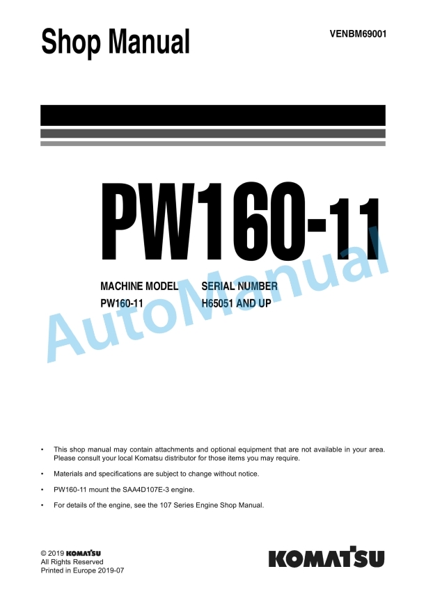 Komatsu PW160-11 Wheeled Excavator Shop Manual VENBM69001