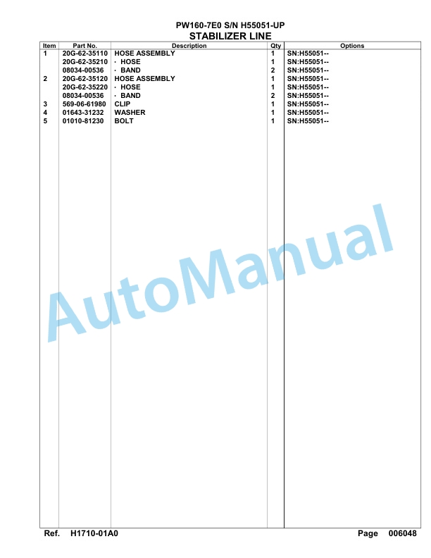Komatsu PW160-7E0 Hydraulic Excavator Parts Manual H55051-UP-2