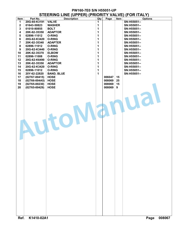 Komatsu PW160-7E0 Hydraulic Excavator Parts Manual H55051-UP-3