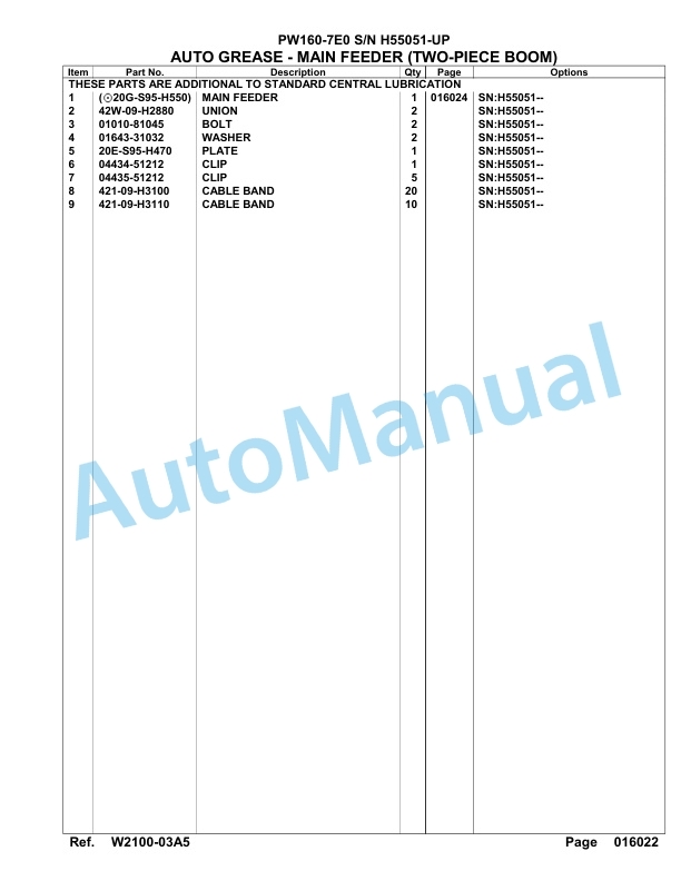 Komatsu PW160-7E0 Hydraulic Excavator Parts Manual H55051-UP-5
