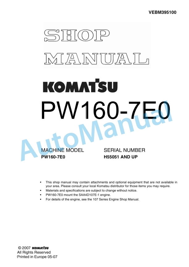 Komatsu PW160-7E0 Wheeled Excavator Shop Manual VEBM395100