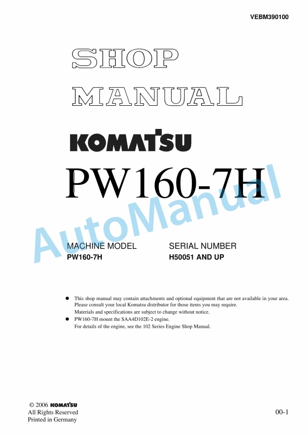 Komatsu PW160-7H Wheeled Excavator Shop Manual VEBM390100