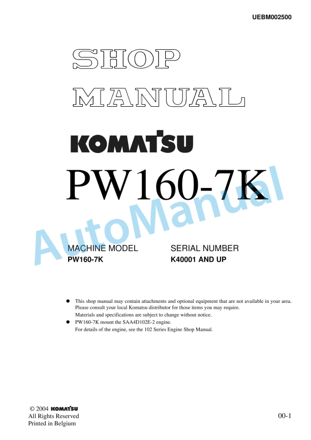 Komatsu PW160-7K Wheeled Excavator Shop Manual UEBM002500