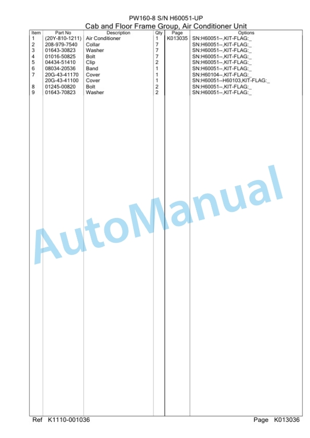 Komatsu PW160-8 Wheeled Excavator Parts Manual SAA4D1CH-5