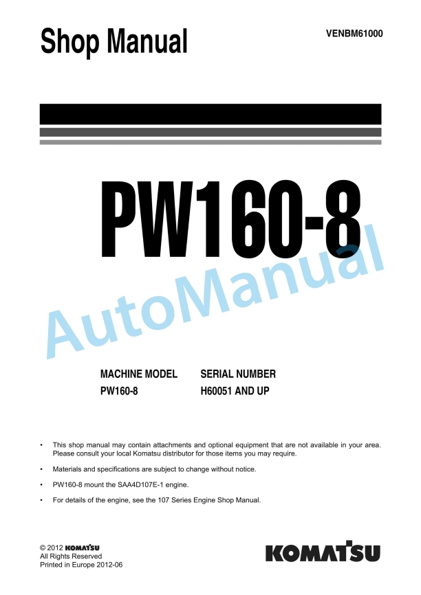 Komatsu PW160-8 Wheeled Excavator Shop Manual VENBM61000