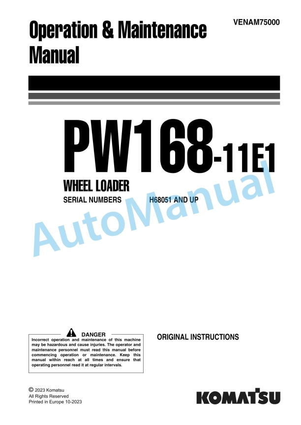Komatsu PW168-11E1 Wheeled Excavator Operation and Maintenance Manual VENAM75000