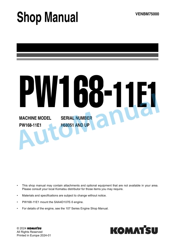 Komatsu PW168-11E1 Wheeled Excavator Shop Manual VENBM75000
