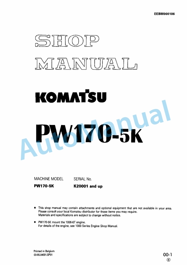 Komatsu PW170-5K Wheeled Excavator Shop Manual EEBM000106