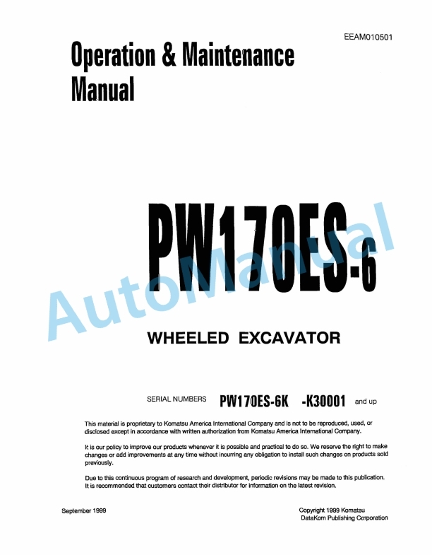 Komatsu PW170ES-6 Wheel Excavator Operation and Maintenance Manual EEAM010501