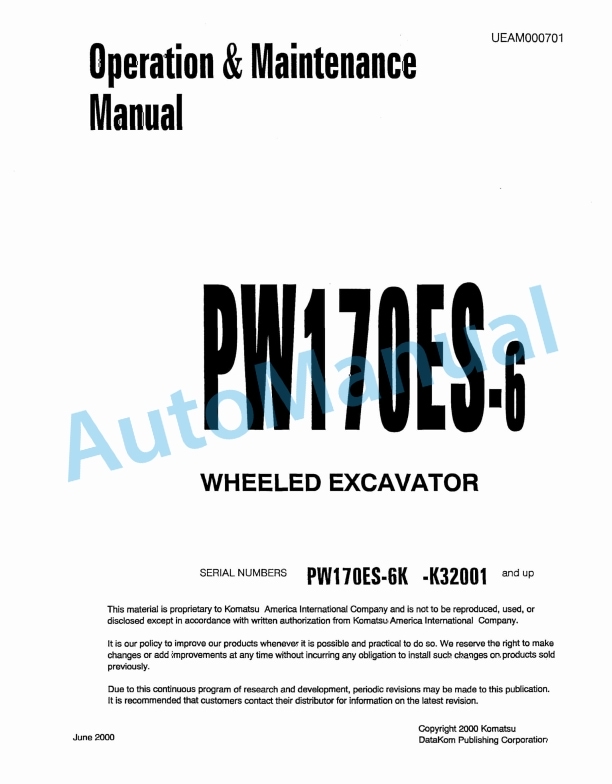 Komatsu PW170ES-6 Wheel Excavator Operation and Maintenance Manual UEAM000701